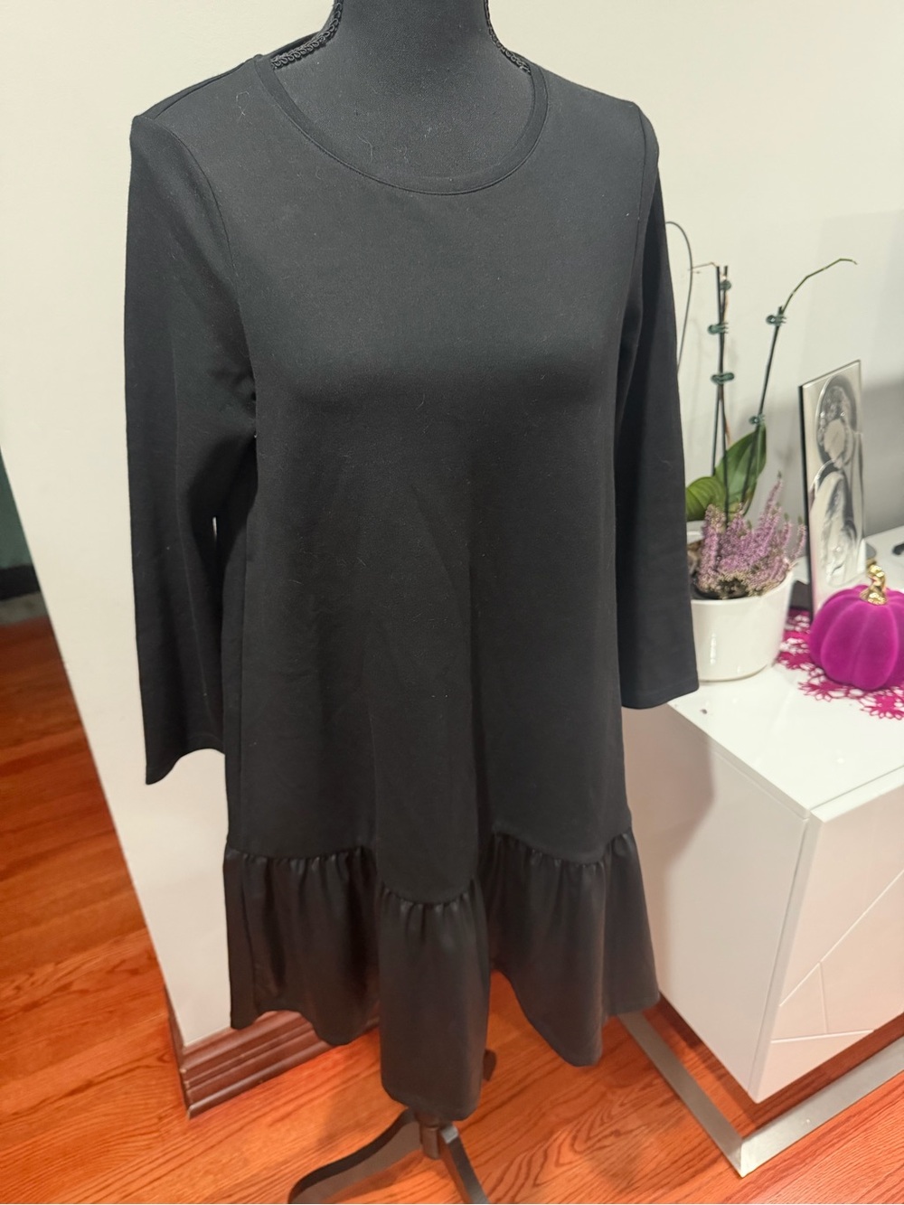 Classic Black Long-Sleeve Ruffle-Hem Dress